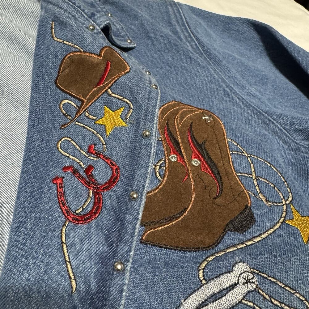 The Blue Western Cowboy Denim Jacket Embroidered Boots Hats Stars Size M - Picture 4 of 10